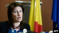 Belgian Minister of Mobility Jacqueline Galant speaks during a press conference, in Brussels on April 15, 2016.