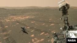 NASA’s Perseverance Mars rover took a 'selfie' with the Ingenuity helicopter, seen here about 13 feet (3.9 meters) from the rover. This image was taken by the WASTON camera on the rover’s robotic arm on April 6, 2021, the 46th Martian day, or sol, of the 