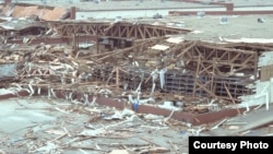 An overview of a warehouse destroyed by Hurricane Gilbert at the San Antonio Air Logistics Center, September 17, 1988. (U.S. Department of Defense / TSGT Michael J. Haggerty)