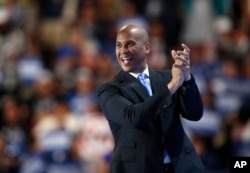 Sen. Cory Booker, D-NJ. takes the stage during the first day of the Democratic National Convention in Philadelphia.