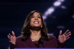 Sen. Kamala Harris accepts the Democratic vice presidential nomination during the Democratic National Convention in Wilmington, Delaware, Aug. 19, 2020.