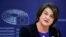 FILE - Northern Irish Democratic Unionist Party leader Arlene Foster holds a news conference at the European Parliament after a meeting with EU Brexit negotiator Michel Barnier in Brussels, Oct. 9, 2018.