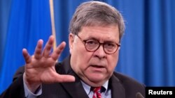 William Barr ofreció el lunes 21 de diciembre de 2020 su última conferencia de prensa como secretario de Justicia de EE.UU.,. Barr dejará el cargo esta semana.