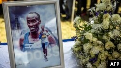 A picture of Kelvin Kiptum is seen amid his memorial proceedings in Iten, on February 22, 2024. 