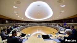 FILE - A general view at the start of a round of post-Brexit trade deal talks between the EU and the United Kingdom, in Brussels, Belgium, June 29, 2020.