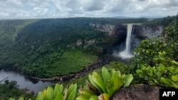 TOPSHOT - View of Kaieteur, the world's largest single drop waterfall, located in the Potaro-Siparuni region of Guyana, on April 12, 2023. The falls are part of Essequibo, an oil-rich disputed area of 160,000 square kilometers.