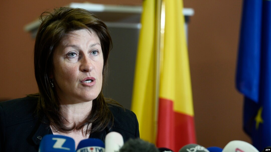 Belgian Minister of Mobility Jacqueline Galant speaks during a press conference, in Brussels on April 15, 2016.
