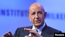 FILE - Thomas Barrack speaks at the Milken Institute's 21st Global Conference in Beverly Hills, California, May 1, 2018. 