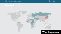 유럽연합이 온라인에 '제재 지도'를 게재했다. 해당
웹사이트((www.sanctionsmap.eu)에서 북한(붉은원)을 클릭하면 가장 많은 제재 항목들이 뜨는 것을 볼 수 있다. 웹사이트 캡쳐.