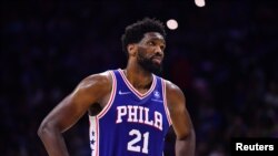 Oct 30, 2021; Philadelphia, Pennsylvania, USA; Philadelphia 76ers center Joel Embiid (21) looks on in the second quarter against the Atlanta Hawks at Wells Fargo Center. Mandatory Credit: Kyle Ross-USA TODAY Sports