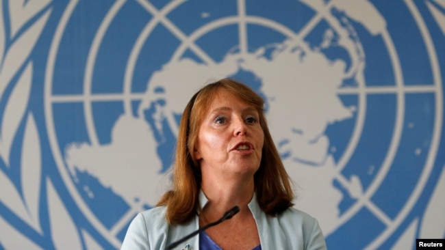 United Nations Special Rapporteur on Human Rights in Cambodia Rhona Smith speaks during a news conference in Phnom Penh, Cambodia, Nov. 8, 2018.
