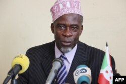 Karenga Ramadhan, president of The National Council of Communication in Burundi, speaks during a press conference in the capital Bujumbura on May 4, 2018 to announce the suspension of BBC and VOA for six months from May 7.