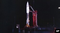 This Sept. 20, 1966 photo provided by the San Diego Air and Space Museum shows an Atlas Centaur 7 rocket on the launchpad at Cape Canaveral, Fla. (Convair/General Dynamics Astronautics Atlas Negative Collection/San Diego Air and Space Museum via AP)
