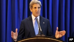 U.S. Secretary of State John Kerry speaks during a press conference at Queen Alia International Airport, July 19, 2013. Kerry says Israel and the Palestinians will meet soon in Washington to finalize an agreement on relaunching peace negotiations for the 