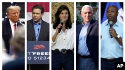 En esta composición fotográfica aparecen de izquierda a derecha, al expresidente Donald Trump, el gobernador de Florida Ron DeSantis, la exembajadora ante la ONU Nikki Haley, al exvicepresidente Mike Pence y al senador de Carolina del Sur Tim Scott. 