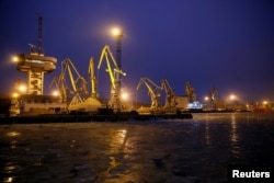 Cranes are seen in the Azov Sea port of Mariupol, Ukraine, Dec. 2, 2018.