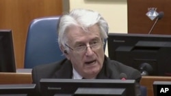 Mantan pemimpin Serbia Bosnia, Radovan Karadzic dalam sidang di Den Haag, Belanda (1/10).