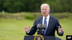 President Joe Biden speaks about his administration's global COVID-19 vaccination efforts ahead of the G-7 summit, Thursday, June 10, 2021, in St. Ives, England. (AP Photo/Patrick Semansky)