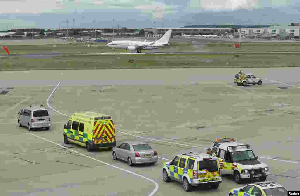 The plane carrying Malala Yousufzai, the Pakistani girl shot in the head by Taliban gunmen, arrives at Birmingham airport, England October, 15, 2012. 