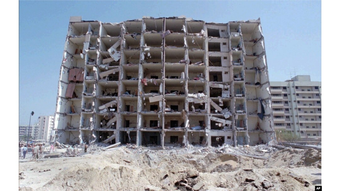 FILE - A June 30, 1996, photo shows a general view of the destroyed Khobar Towers in Dhahran, Saudi Arabia.