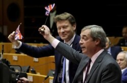 Brexit Party leader Nigel Farage along with other MEPs wave British flags ahead of a vote on the Withdrawal Agreement at the European Parliament in Brussels, Jan. 29, 2020.