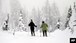 Dalam foto yang diambil hari Jum’at, 16 Desember 2016, tampak dua orang berjalan dekat kawasan Paradise di Mount Rainier National Park, Washington (foto: AP Photo/Elaine Thompson)