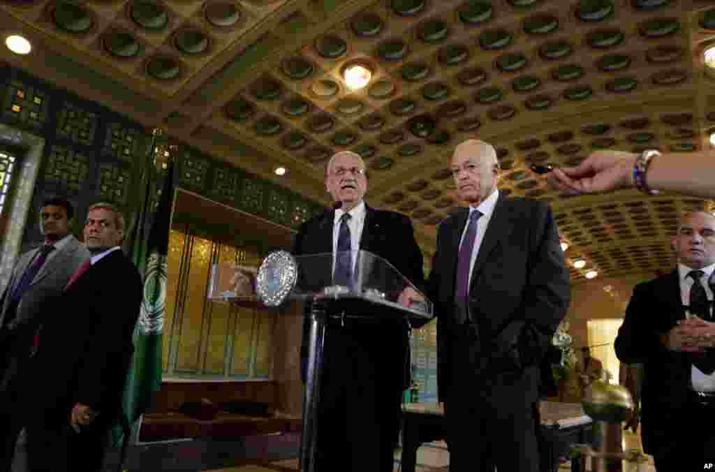 Palestinian negotiator Saeb Erekat speaks during a press conference, following the meeting. Cairo, Egypt, Monday, Aug. 11, 2014.