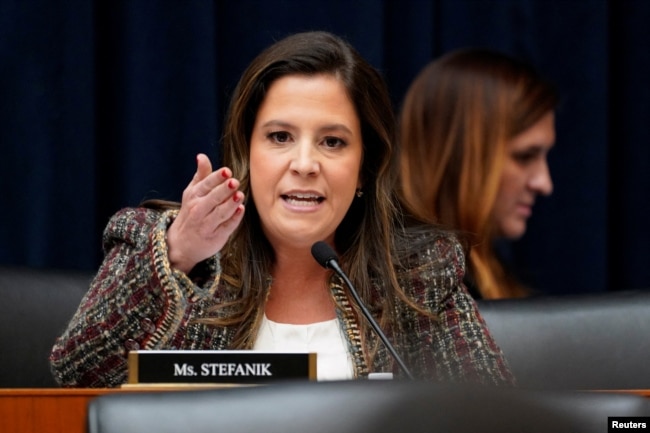 FILE - U.S. Representative Elise Stefanik (R-NY) speaks during a House Education and The Workforce Committee hearing titled "Holding Campus Leaders Accountable and Confronting Antisemitism" on Capitol Hill in Washington, U.S., December 5, 2023. (REUTERS/Ken Cedeno)