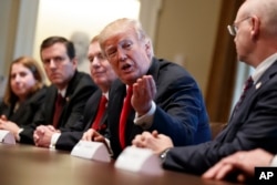 FILE - President Donald Trump speaks during a meeting with steel and aluminum executives in the Cabinet Room of the White House, March 1, 2018, in Washington.