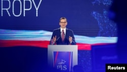 Poland's Prime Minister Mateusz Morawiecki speaks during a Law and Justice (PiS) party convention ahead of the EU election, in Krakow, May 19, 2019.