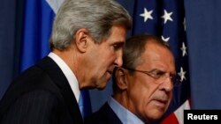 Sakataren Harkokin Wajen Amurka John Kerry da Takwaransa na Rasha Sergei Lavrov a lokacin da suka ganawa dangane da rigingimun Syria. 