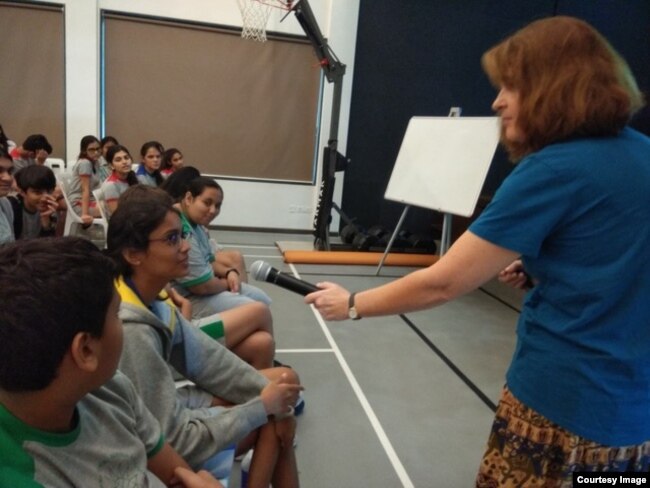 Dr. Sabine Kastner teaches an 8th grade class in Mumbai, India about how the brain works, Nov. 22, 2019.