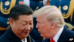 FILE - US President Donald Trump chats with Chinese President Xi Jinping during a welcome ceremony at the Great Hall of the People in Beijing on Nov. 9, 2017.