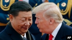 FILE - US President Donald Trump chats with Chinese President Xi Jinping during a welcome ceremony at the Great Hall of the People in Beijing on Nov. 9, 2017.