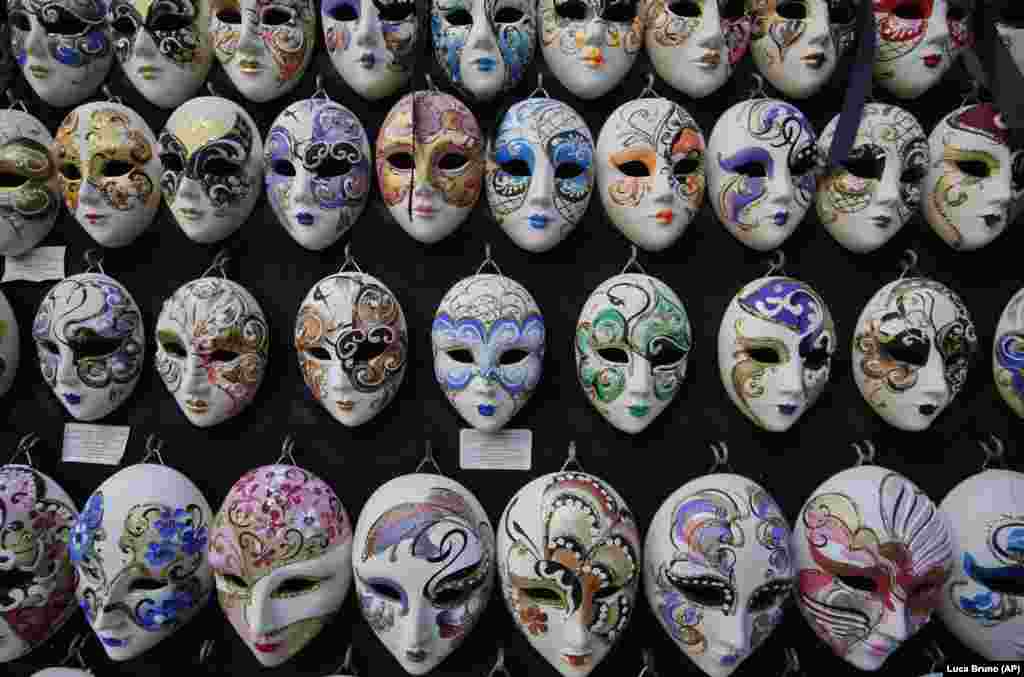 The traditional Carnival masks for sale in shops in Venice, Italy.&nbsp;