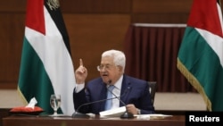 FILE - Palestinian President Mahmoud Abbas speaks during a leadership meeting in Ramallah, in the Israeli-occupied West Bank, May 19, 2020.
