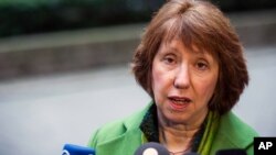 EU High Representative for Foreign Policy Catherine Ashton addressing media prior to foreign ministers meeting, Brussels, Belgium, March 11, 2013.