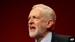 FILE - Jeremy Corbyn, leader of Britain's opposition Labour Party at the Labour Party Conference at the Brighton Centre in Brighton, England, on September 24, 2019. 