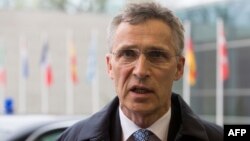 NATO Secretary-General Jens Stoltenberg answers journalists prior to an EU Defence Council meeting in Luxembourg on April 19, 2016.