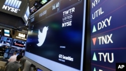 FILE - The Twitter symbol appears above a trading post on the floor of the New York Stock Exchange, July 27, 2016. Twitter’s stock soared following a report Friday that it may be moving closer to selling the business.