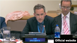 FILE - U.N. Special Rapporteur on freedom of opinion and expression David Kaye speaks about the safety of journalists in a speech to the 3rd Committee of the U.N. General Assembly in New York, Oct. 22, 2018. (screengrab from U.N. video)