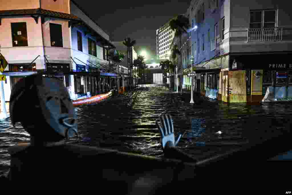 Water-flooded streets are seen after Hurricane Milton made landfall, in Fort Myers, Florida, Oct. 9, 2024.