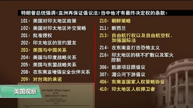 VOA连线(黄耀毅)：美国总统特朗普签署“亚洲再保证倡议法”
