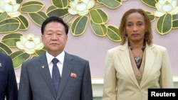 Choe Ryong Hae (C), President of the Presidium of the Supreme People's Assembly of North Korea, meets with Fernando Gonzalez Llort (L), president of the Cuban Institute of Friendship with the Peoples.KCNA via Reuters. 