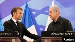 ပြင်သစ်သမ္မတ Emmanuel Macron နဲ့ အစ္စရေးဝန်ကြီးချုပ် Benjamin Netanyahu (အောက်တိုဘာ ၂၄၊ ၂၀၂၃)