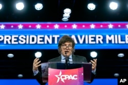 FILE—Argentina's President Javier Milei speaks during the Conservative Political Action Conference, CPAC 2024, at National Harbor, in Oxon Hill, Md., February 24, 2024.