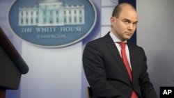 Ben Rhodes, U.S. deputy national security adviser, talks in the White House press briefing room about the vulnerability of some executive office computer systems to hackers, April 7, 2015. 