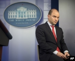 FILE - Ben Rhodes, U.S. deputy national security adviserbeing interviewed by CNN, talks in the White House press briefing room about the vulnerabilty of some executive office computer systems to hackers, April 7, 2015.