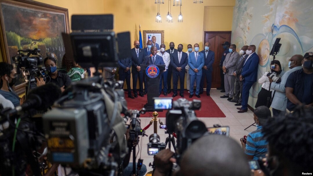 Interim Prime Minister Claude Joseph gives a press conference almost a week after the assassination of President Jovenel Moise, in Port-au-Prince, Haiti, July 13, 2021.