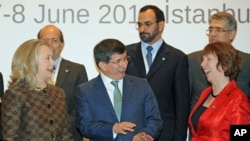 From left: US Secretary of State Hillary Rodham Clinton, Turkish Foreign Minister Ahmet Davutoglu and EU Foreign Policy Chief Catherine Ashton at the ministerial meeting of the Global Counterterrorism Forum in Istanbul, June 7, 2012 (AP).